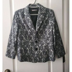 Olivia Moon Womens Floral Lace Print Lined‎ Blazer Pockets Black White Cotton M